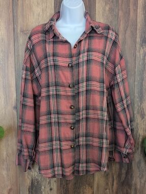 Fantaslook Relaxed Coral Plaid Button-Front Shirt M            C199